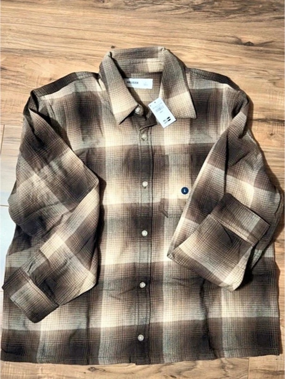 Hollister Boxy Flannel Shirt Plaid Brown & White Large NWT